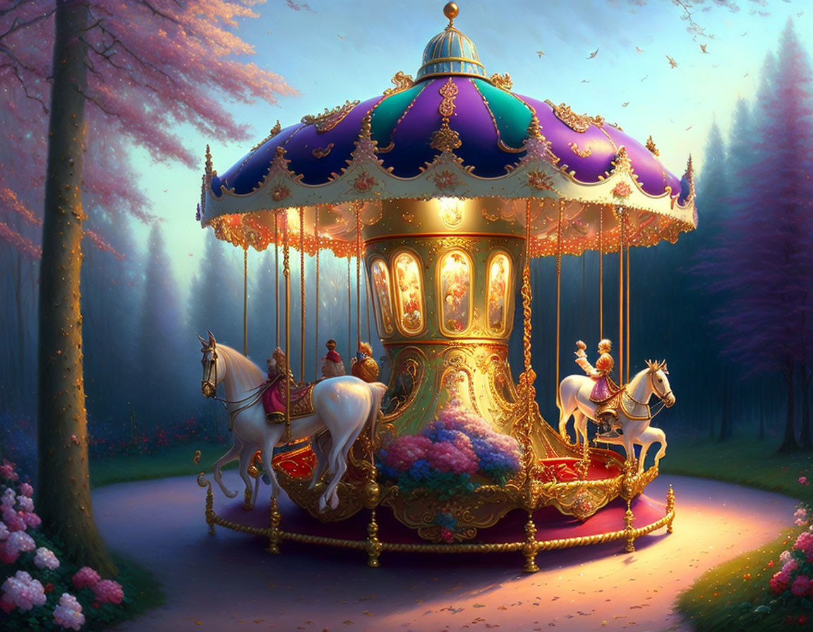 Enchanting forest carousel with ornate decorations and glowing ambiance