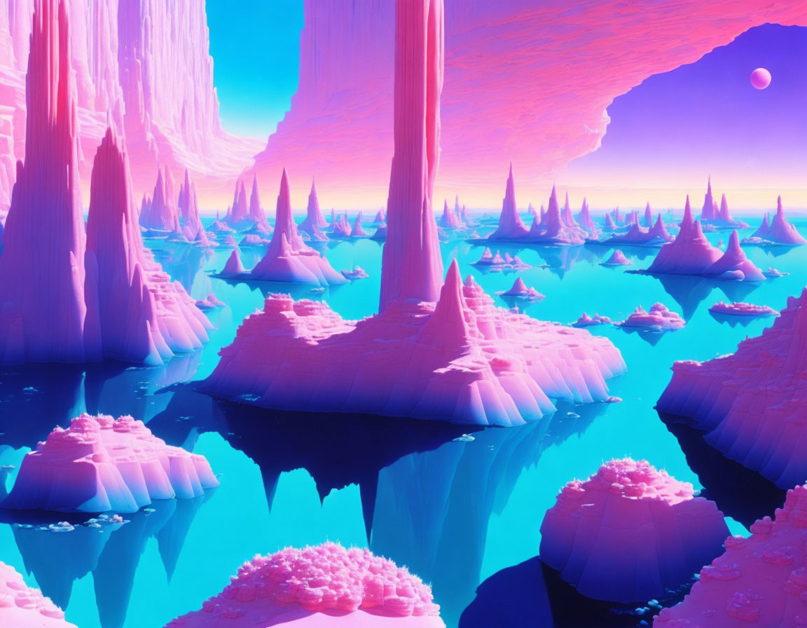 Ethereal landscape with pink and blue hues, towering spires, tranquil water, and magenta