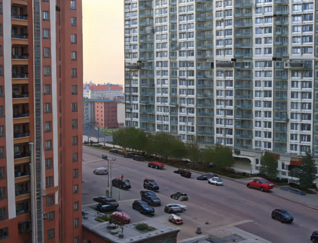 Cityscape at Dusk with High-Rise and Red-Brick Buildings