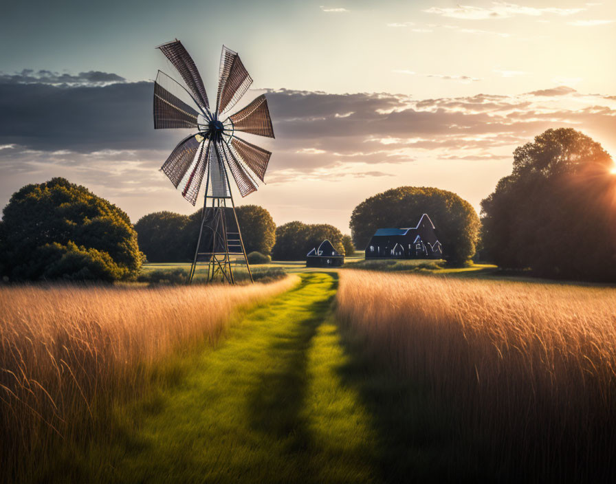 Traditional windmill at sunset over golden field with path to house