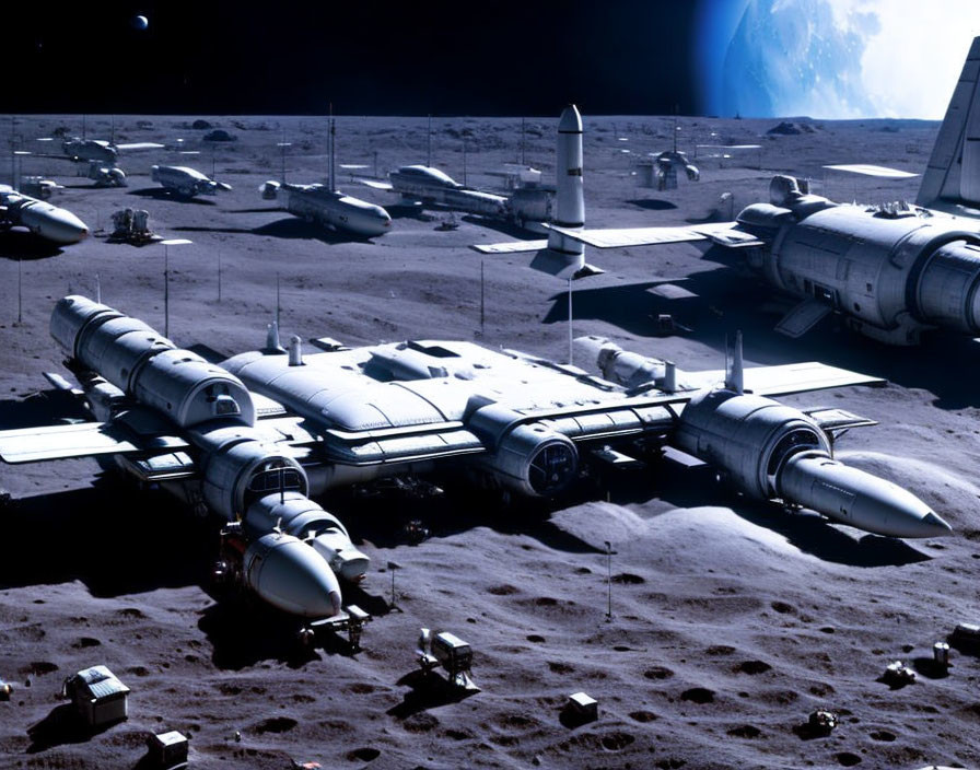 Futuristic lunar base with spacecraft, habitats, and vehicles on moon's surface