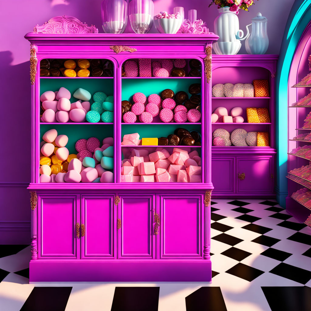 Colorful fantasy candy cabinet in pink and purple setting