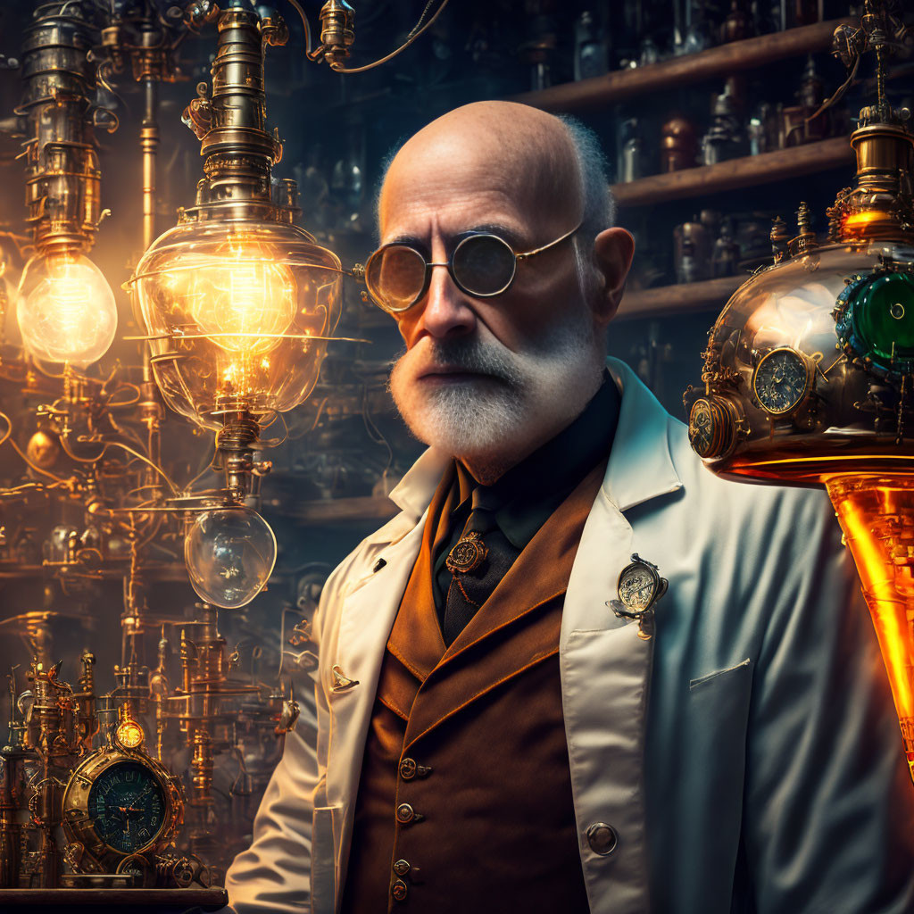 Elderly man in white coat with round glasses and orbs backdrop