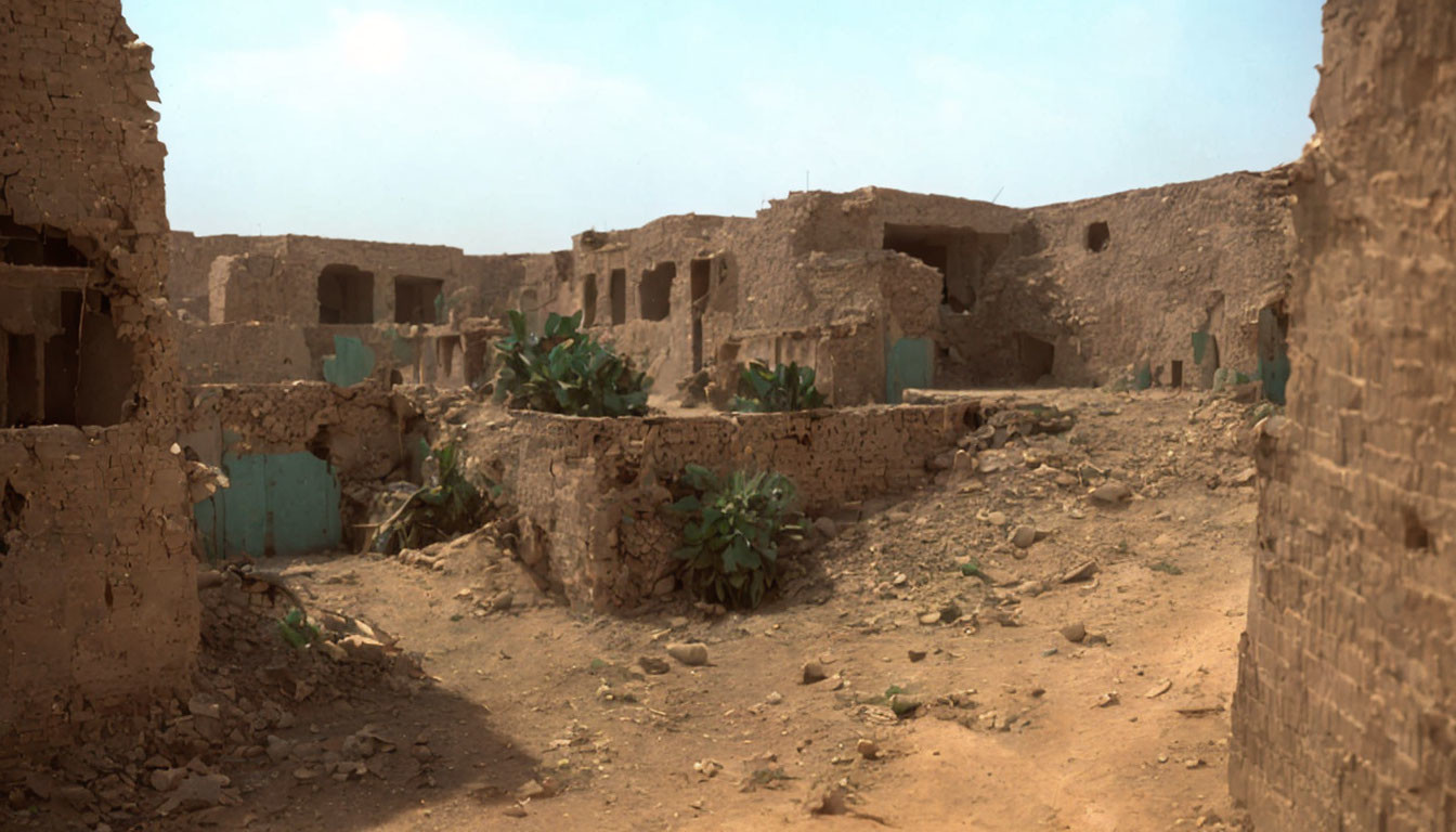 Abandoned brick village ruins with cacti and crumbling walls