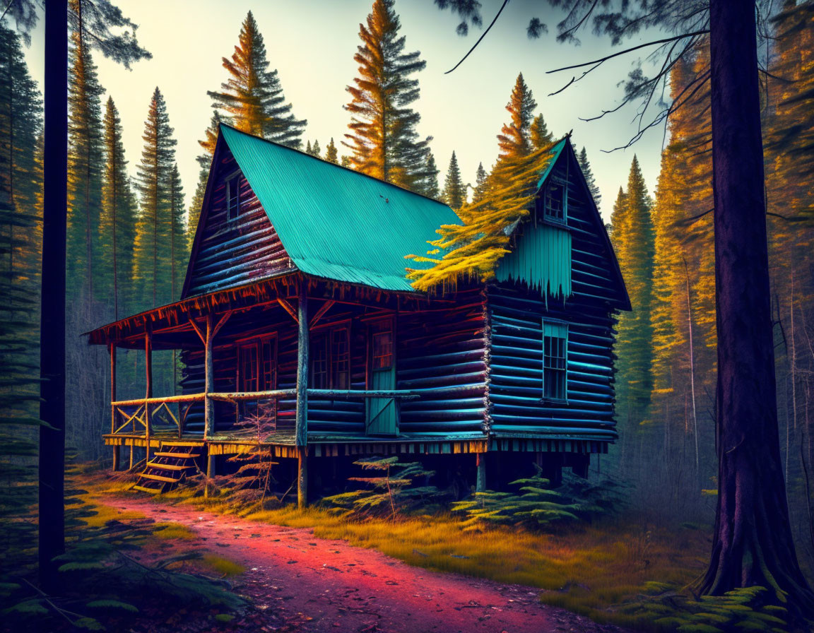 Rustic log cabin with teal roof in pine forest with warm glow