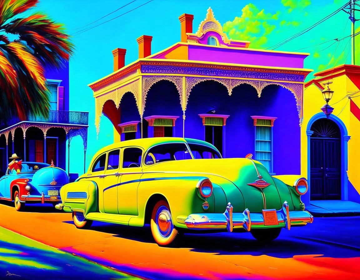 Colorful classic car in front of tropical houses with vibrant hues