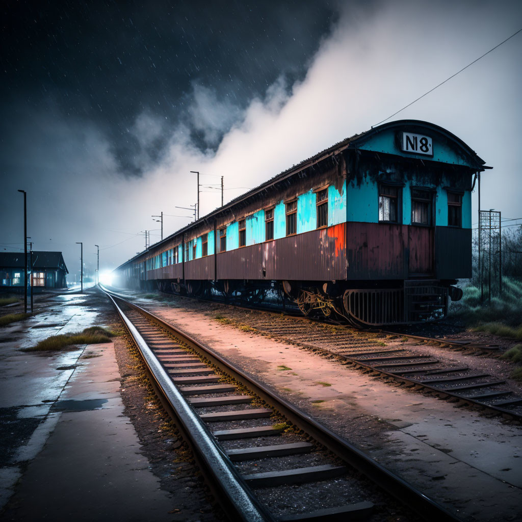 Vintage train carriage on rainy night with ambient lighting and wet platform.