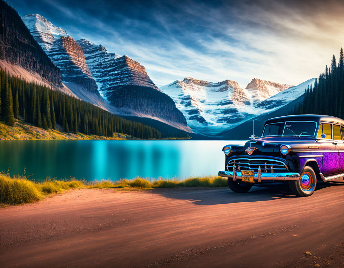 Classic Car by Snow-Capped Mountain Lake