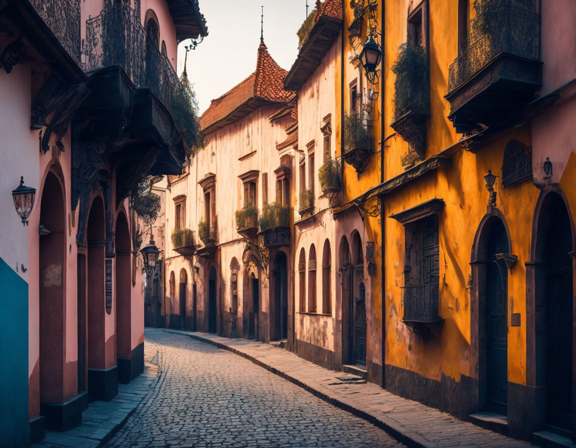 European Cobblestone Alley with Yellow Facades and Terracotta Roofs