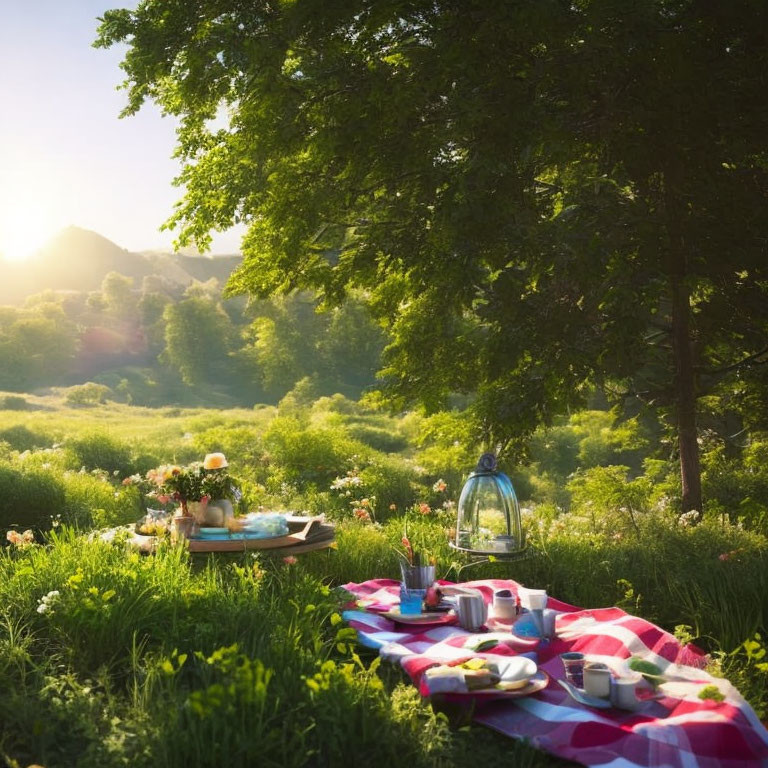 Tranquil picnic scene with red and white blanket under tree