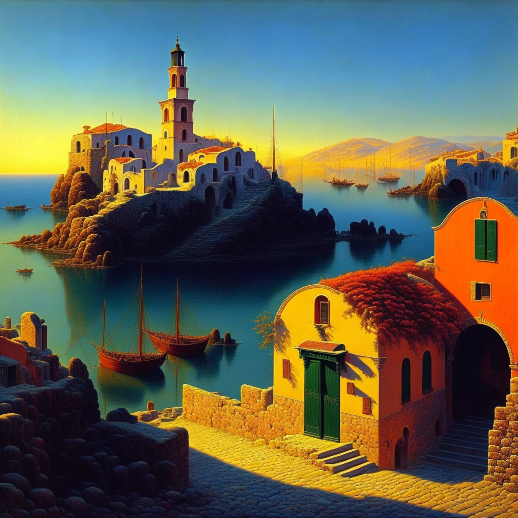 Tranquil coastal sunset with lighthouse, boats, and Mediterranean architecture