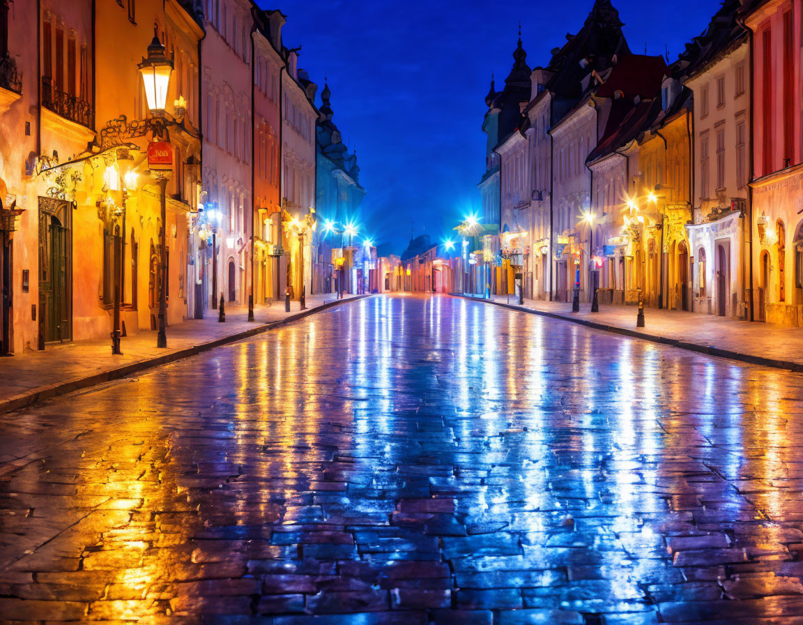 Twilight city street with illuminated buildings on wet cobblestone