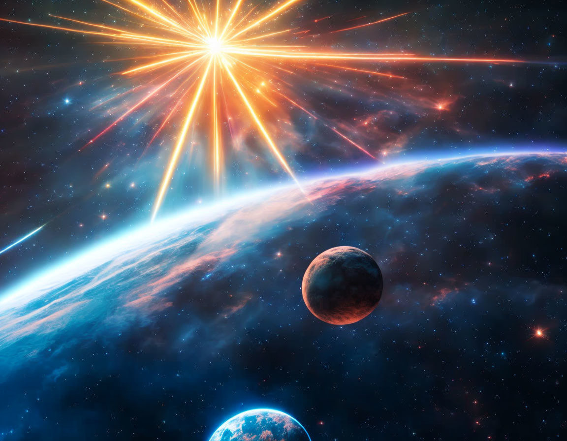 Cosmic scene with supernova explosion, planets, and stars