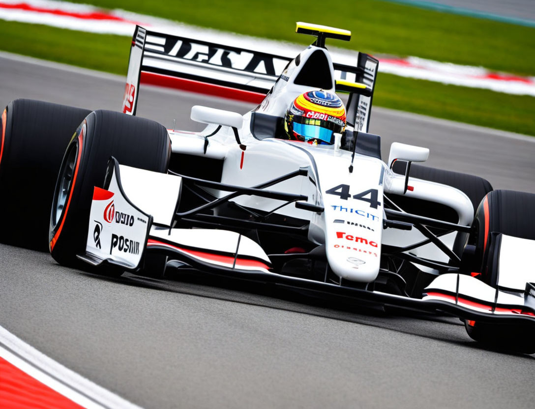 Modern Formula 1 car #44 in white and black livery racing on track with red and white