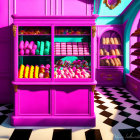 Colorful fantasy candy cabinet in pink and purple setting