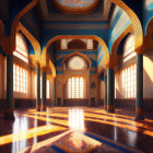 Opulent interior with golden columns, intricate arches, and blue patterned ceiling.