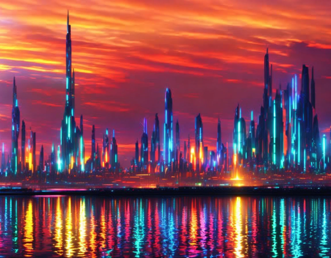 Vibrant sunset cityscape with neon-lit skyscrapers