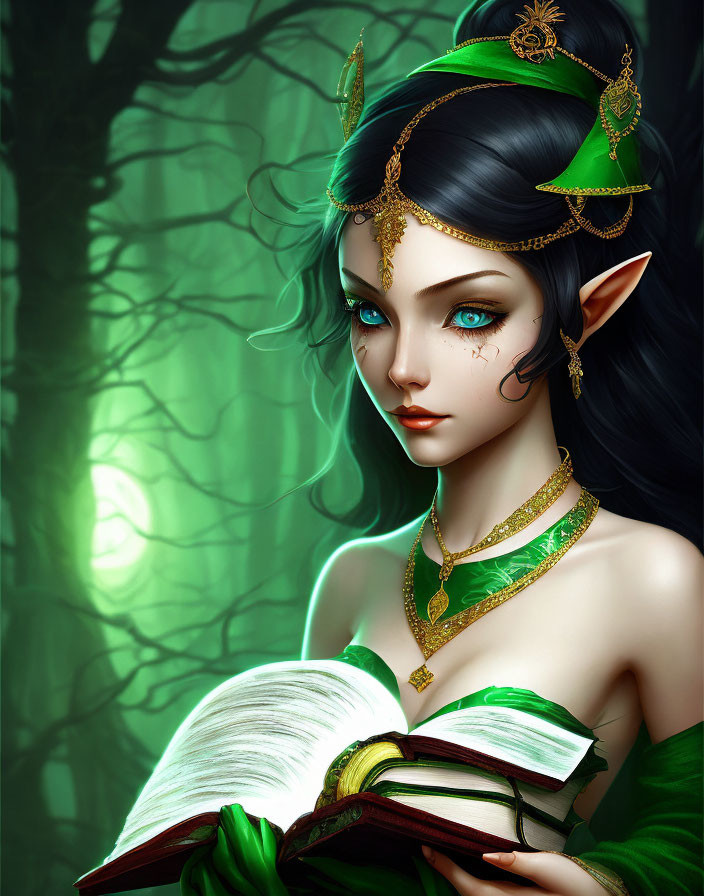 Elven character with pointed ears reading in mystical forest