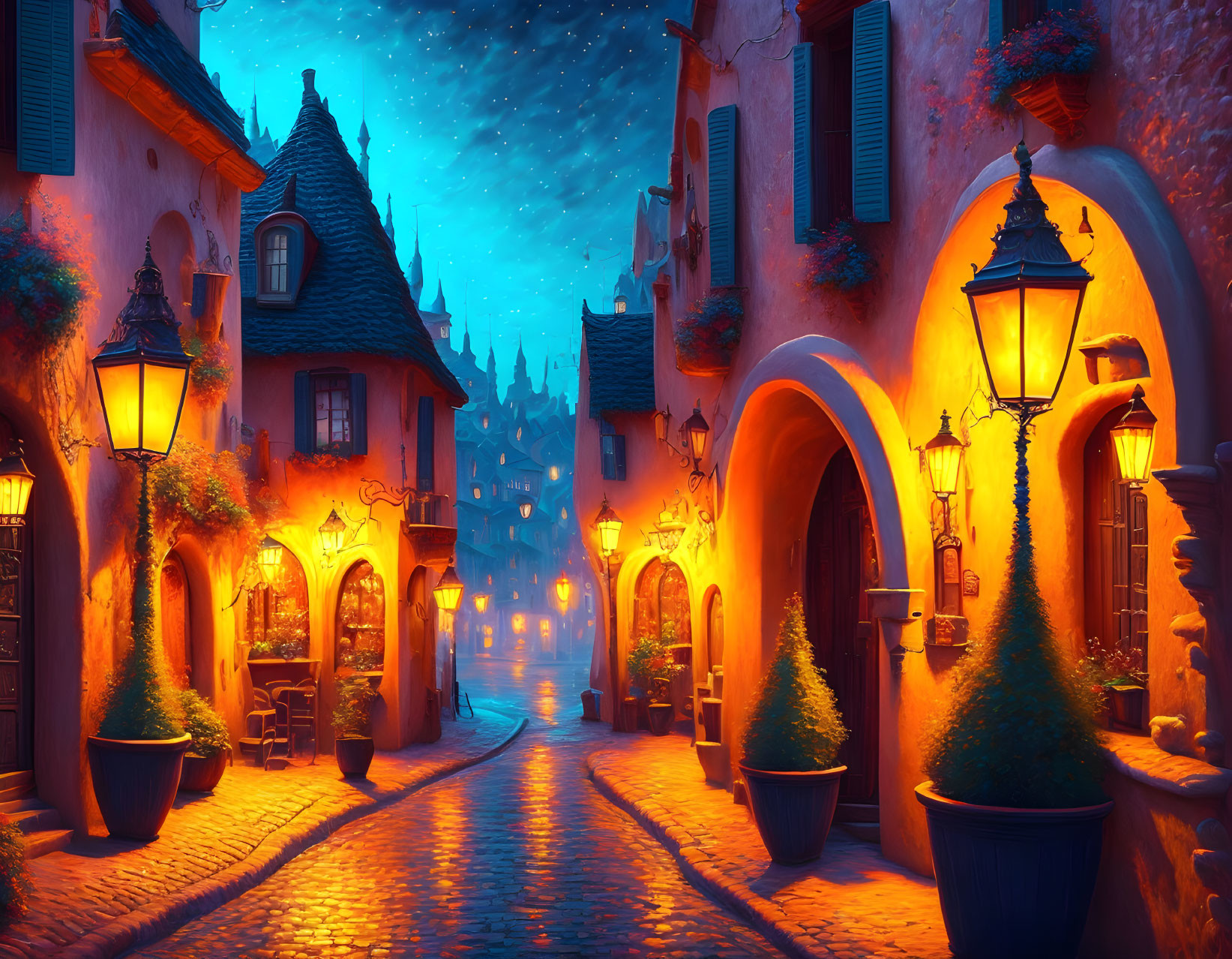 Quaint village cobblestone street at dusk with warm streetlights and European-style architecture