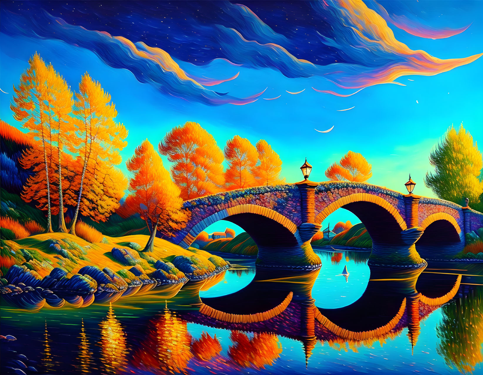 Scenic landscape with stone bridge over calm river in autumn