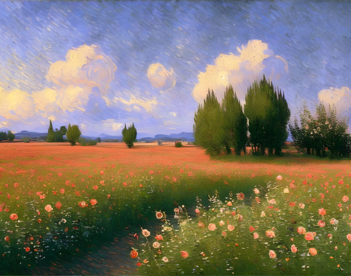 Impressionist-style painting of lush field with flowers and cypress trees