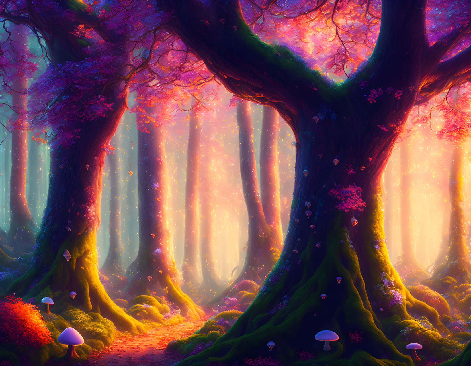 Fantastical forest with twisted trees, pink blossoms, glowing light, and mushrooms.