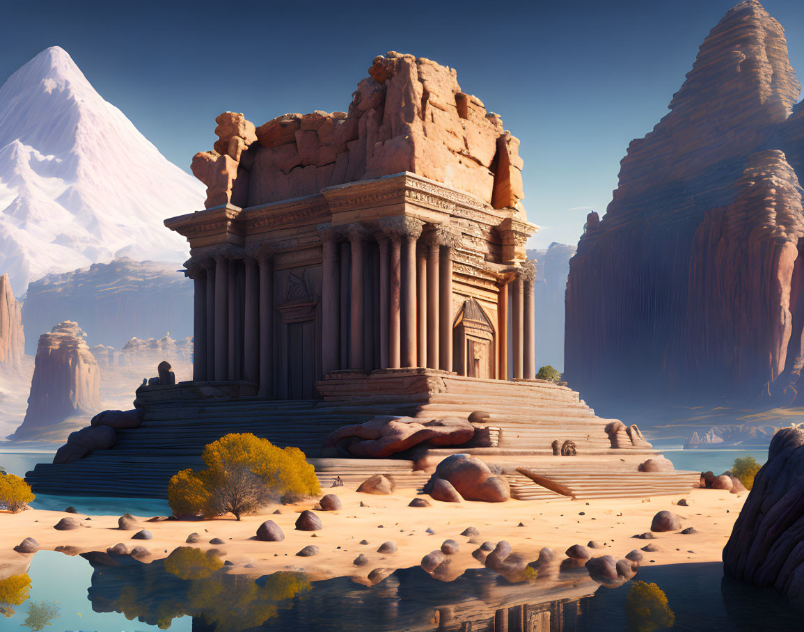 Surreal landscape with grand temple, rock formations, water body, and snow-capped mountain