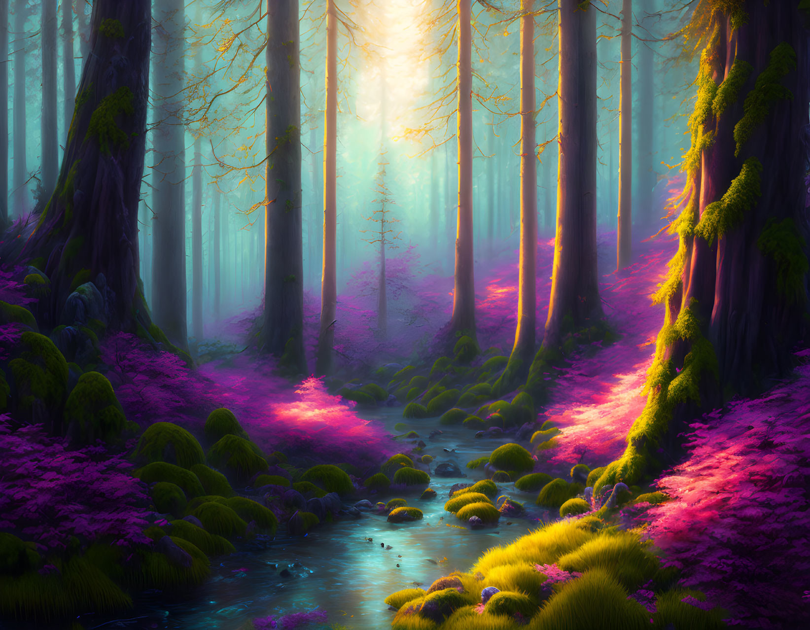 Vibrant purple and pink flora in mystical forest with stream and tall trees