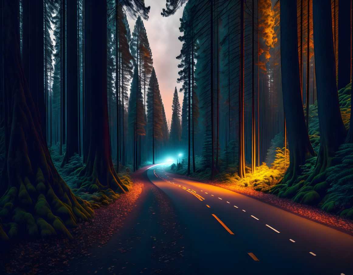 Winding road through dense forest with tall trees and transitioning sky