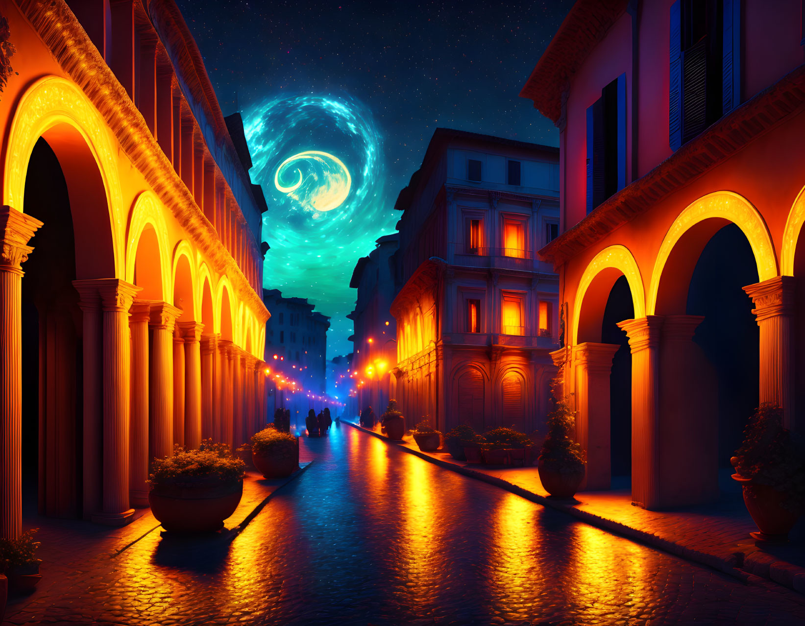 Historic cobblestone street at night with galaxy swirl overhead