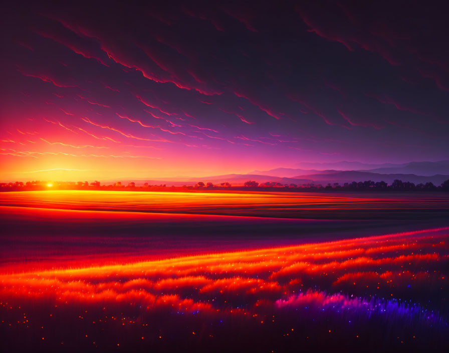 Colorful sunset over fields with purple clouds and orange horizon