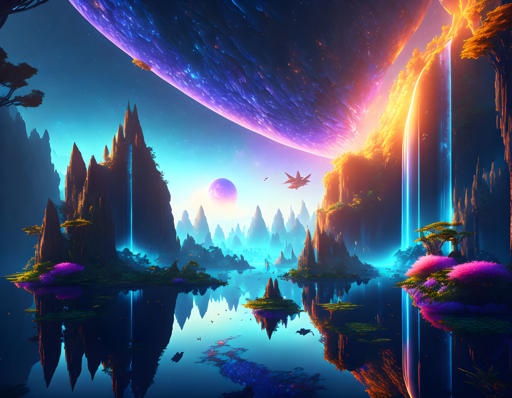 Colorful sci-fi landscape with towering rock formations, reflective water, and vivid flora.