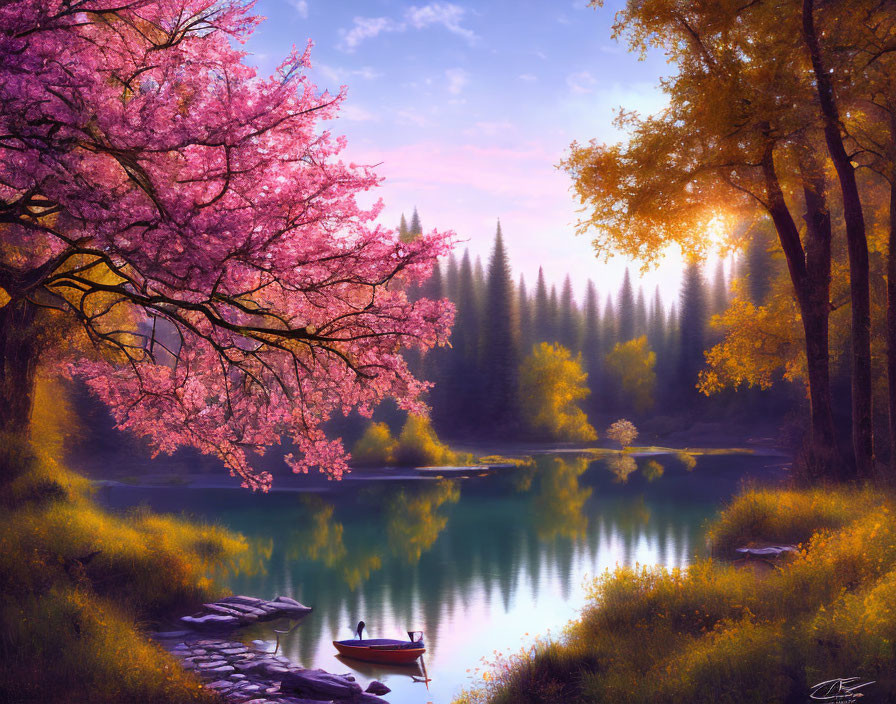 Tranquil sunrise over serene lake with forest reflection