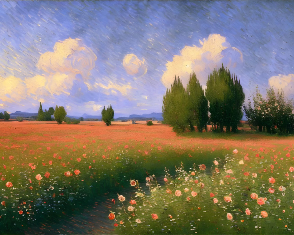 Impressionist-style painting of lush field with flowers and cypress trees