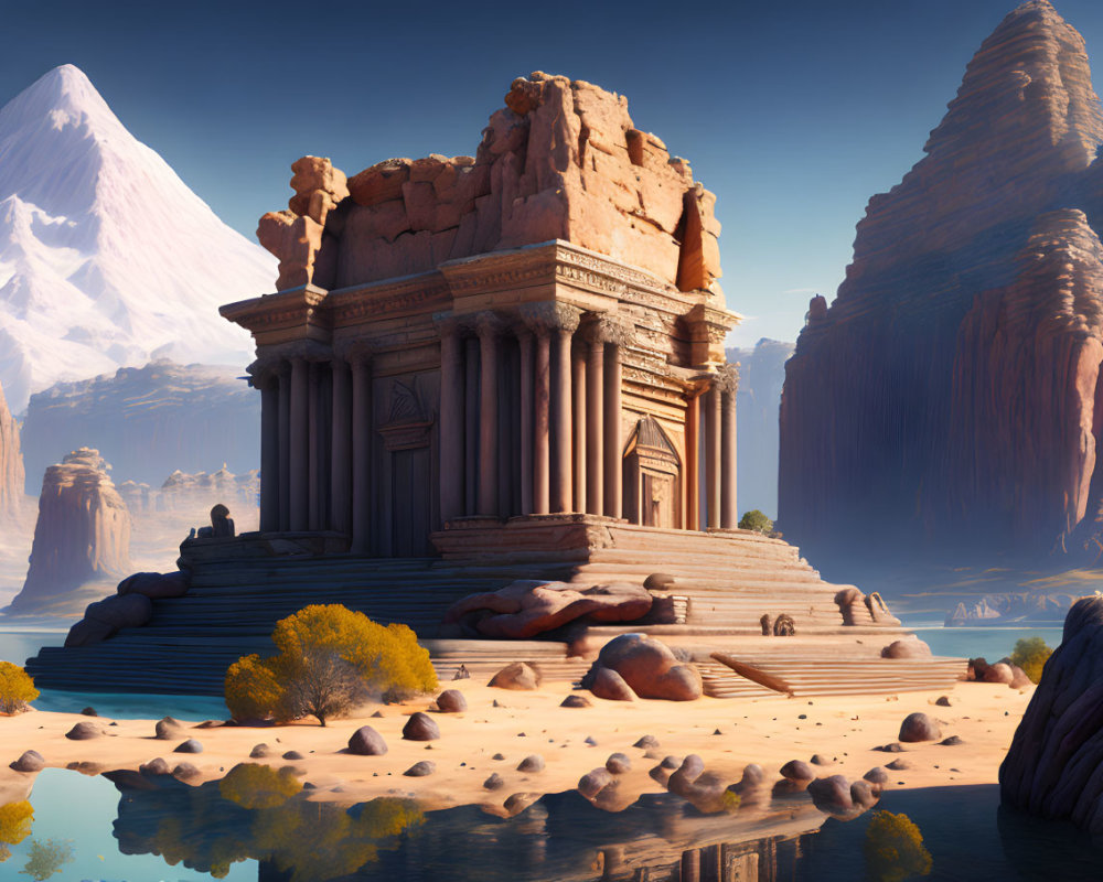 Surreal landscape with grand temple, rock formations, water body, and snow-capped mountain