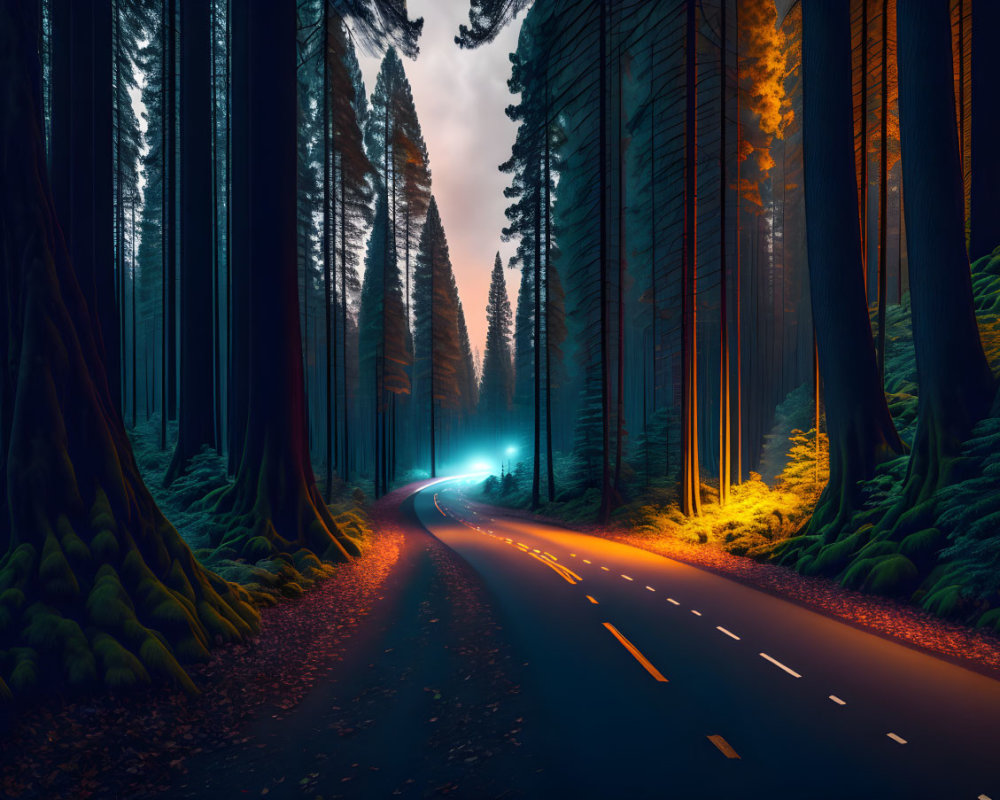 Winding road through dense forest with tall trees and transitioning sky