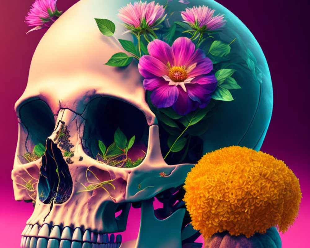 Vibrant human skull with flowers on purple background