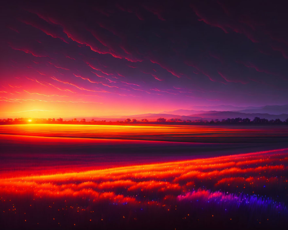 Colorful sunset over fields with purple clouds and orange horizon