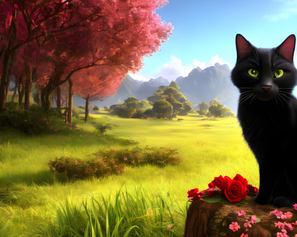 Black Cat with Green Eyes on Stump in Colorful Nature Scene