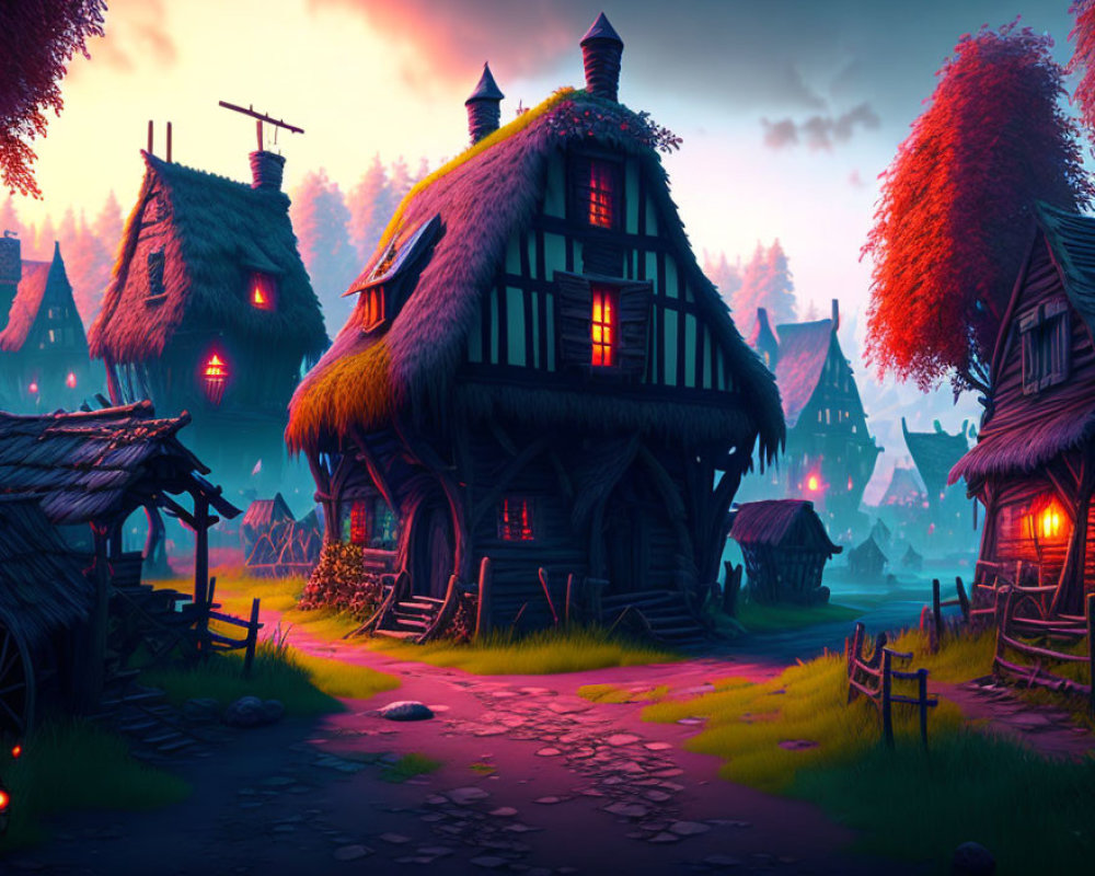 Vibrant forest backdrop illuminates picturesque village at dusk