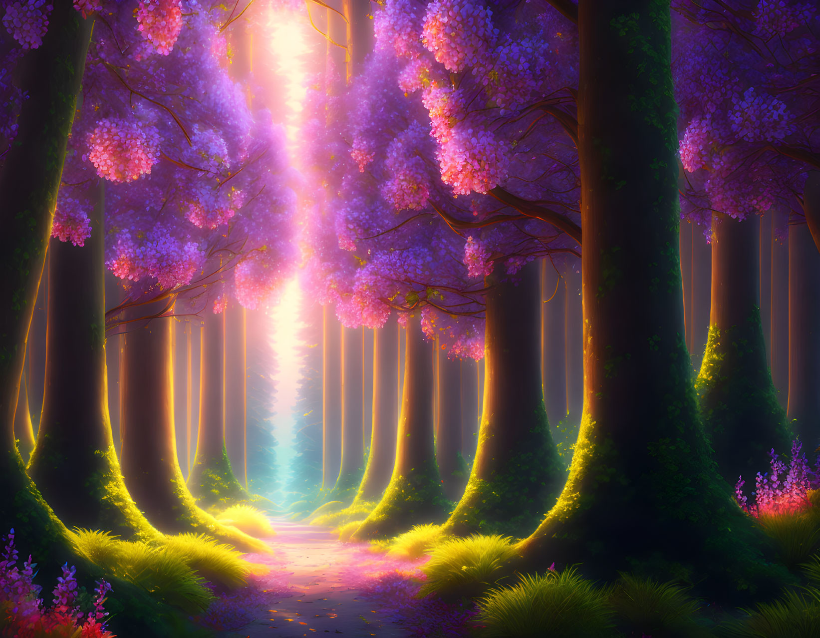 Mystical forest with purple trees, sunbeams, and glowing path