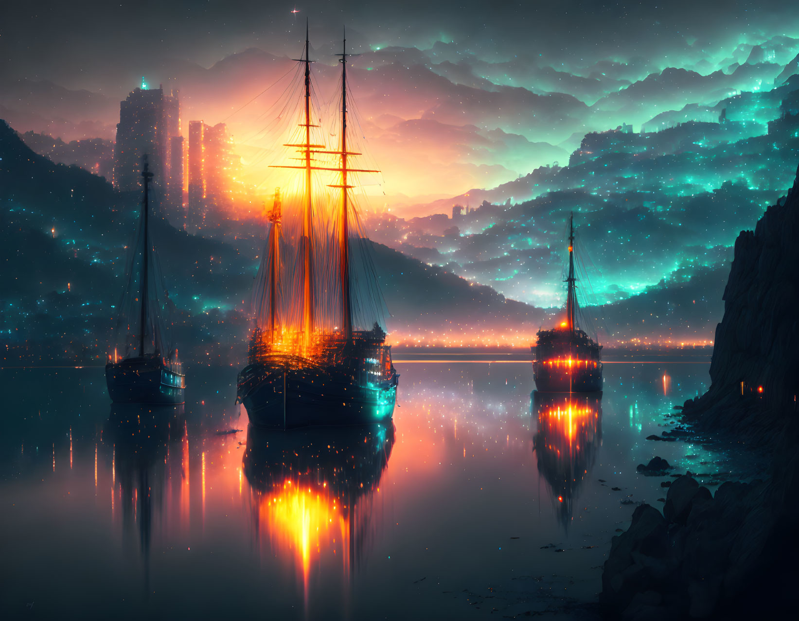 Night scene with illuminated sailing ships on lake, futuristic cityscape, mountains, and starry sky.