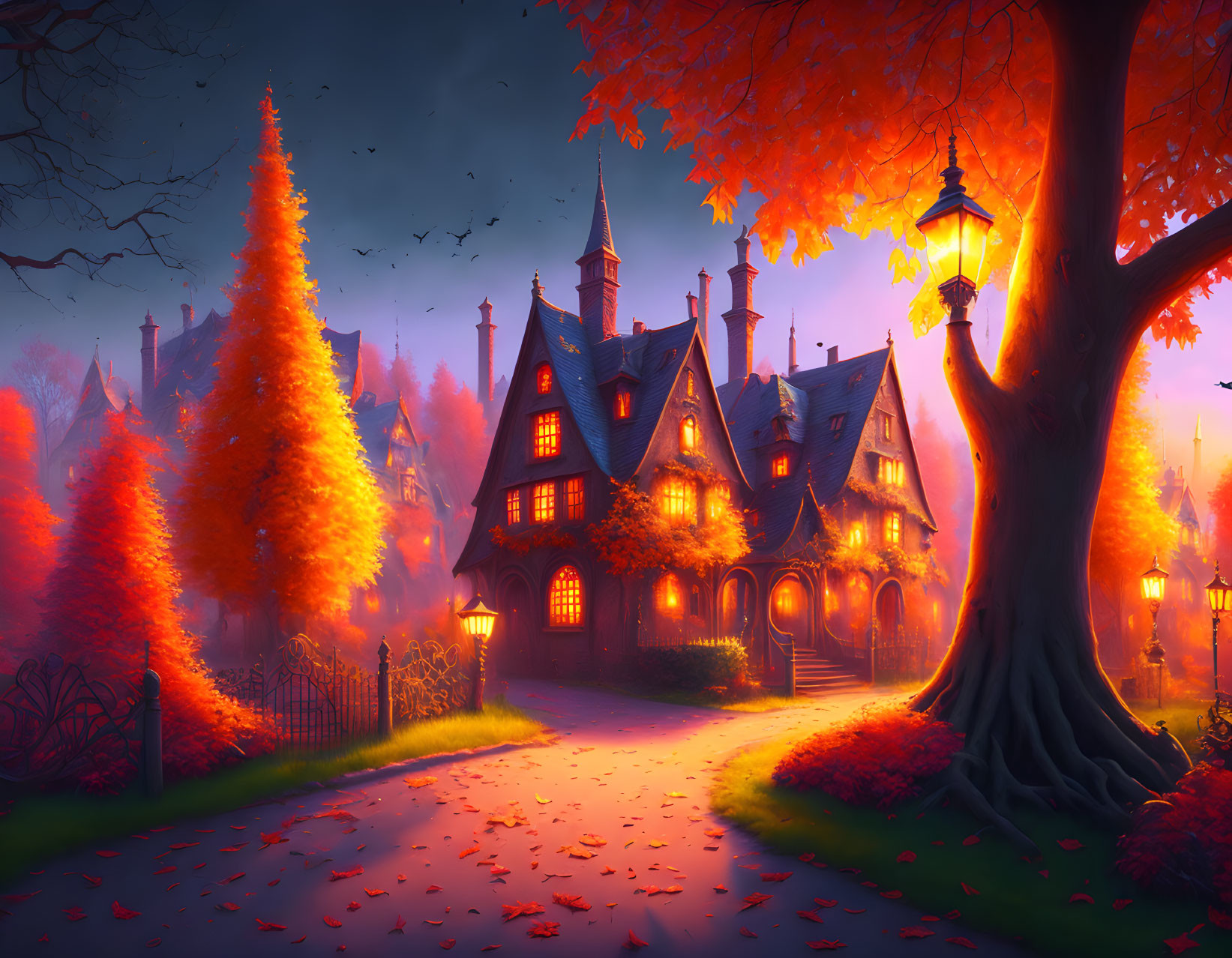 Autumn Cottage Surrounded by Orange Trees and Street Lamps at Dusk