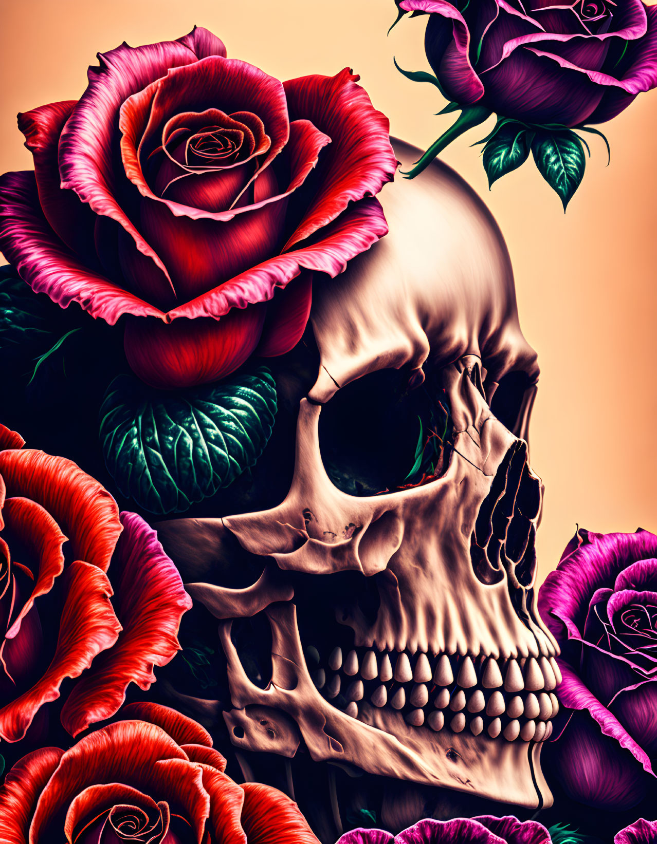 Colorful human skull surrounded by red and purple roses on warm background