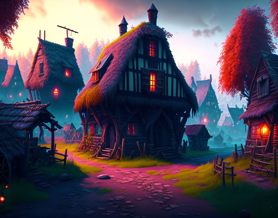 Vibrant forest backdrop illuminates picturesque village at dusk