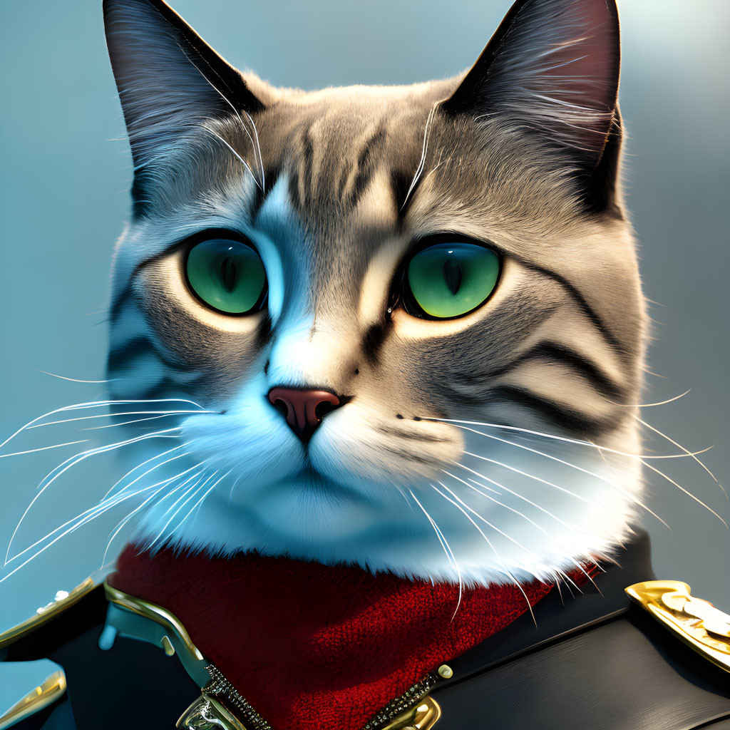 Close-Up Digital Artwork: Cat with Green Eyes in Red Cloak & Leather Harness