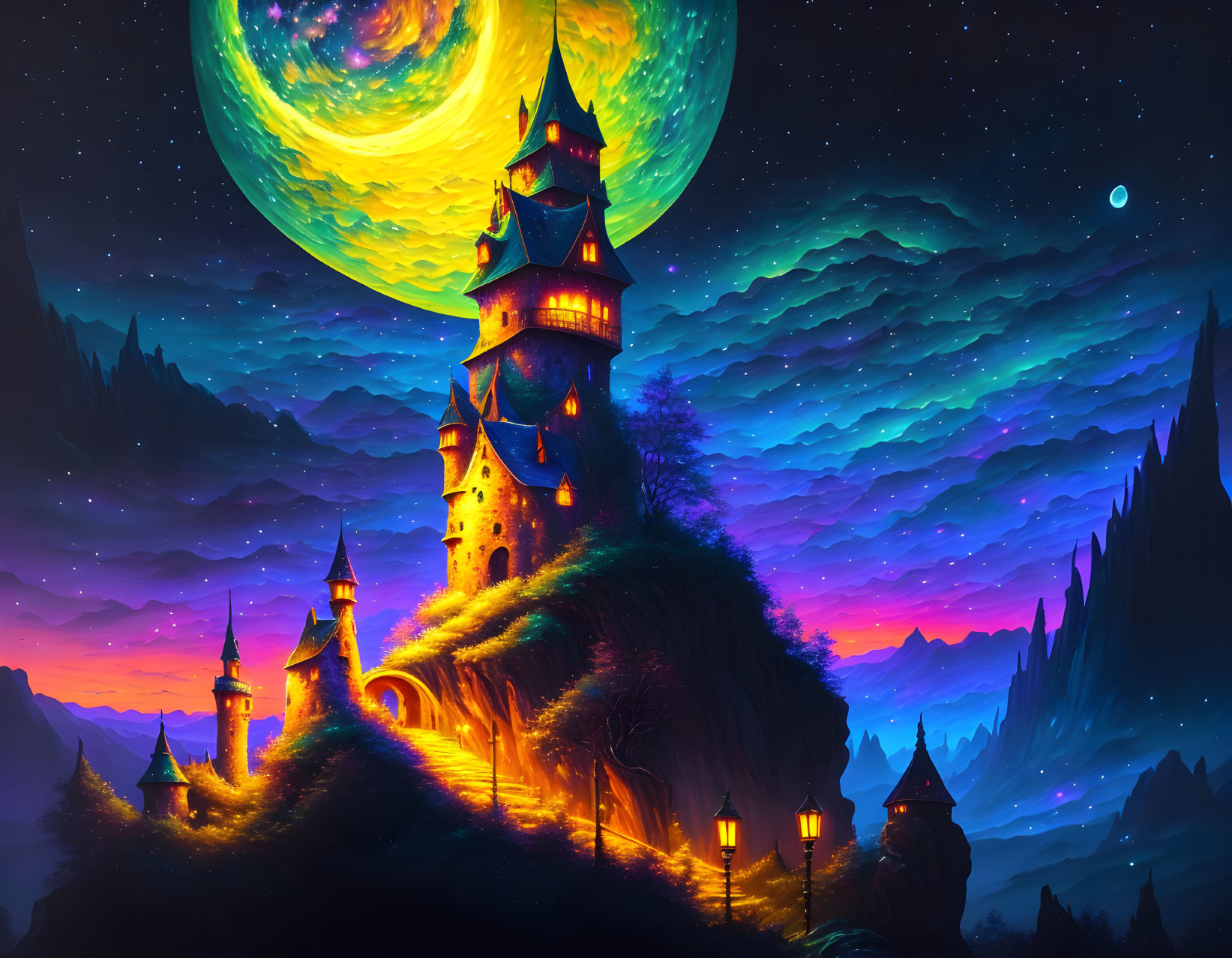 Fantasy landscape with glowing moon, magical castles, swirling clouds.