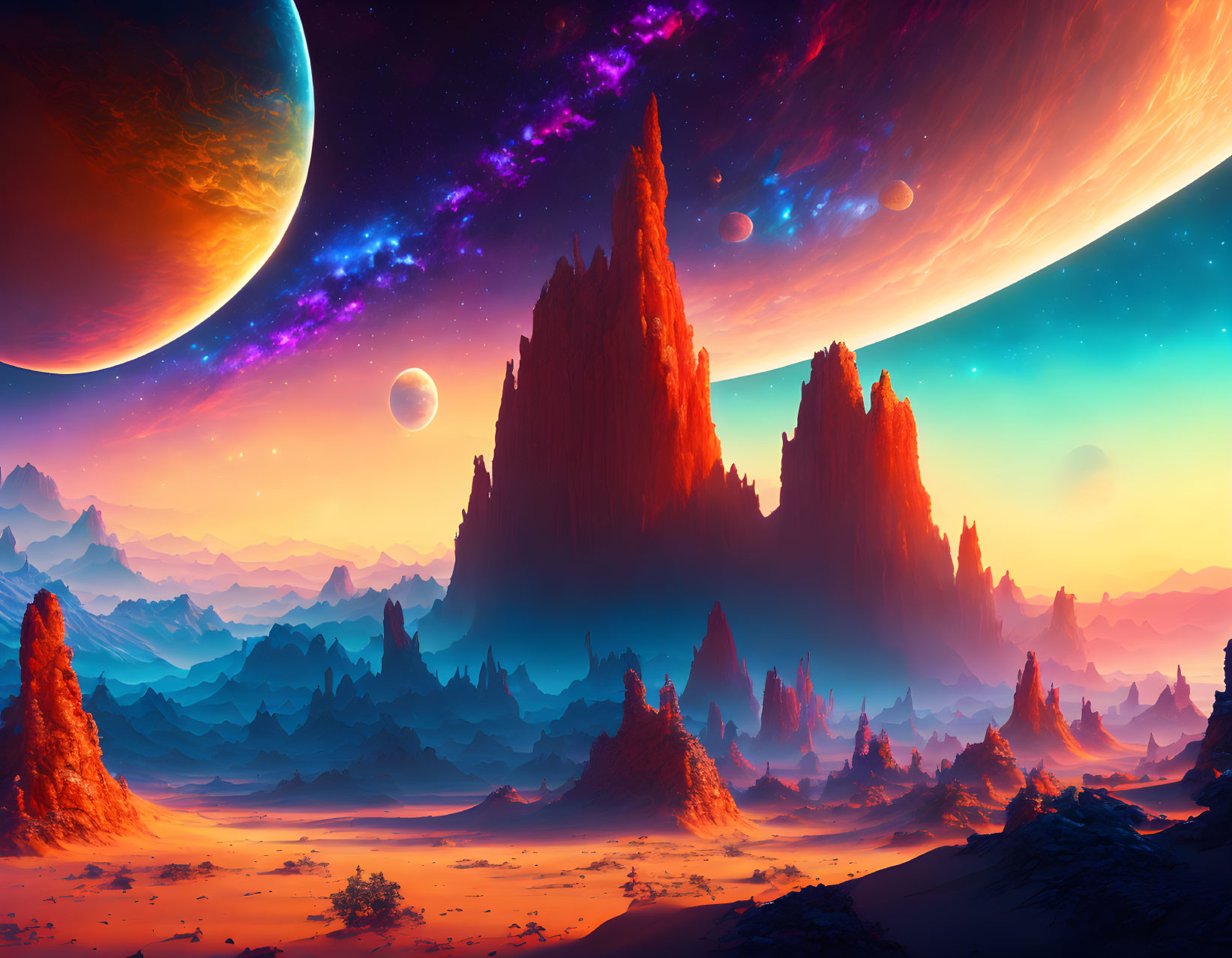 Majestic sci-fi landscape with spire-like rock formations under alien sky