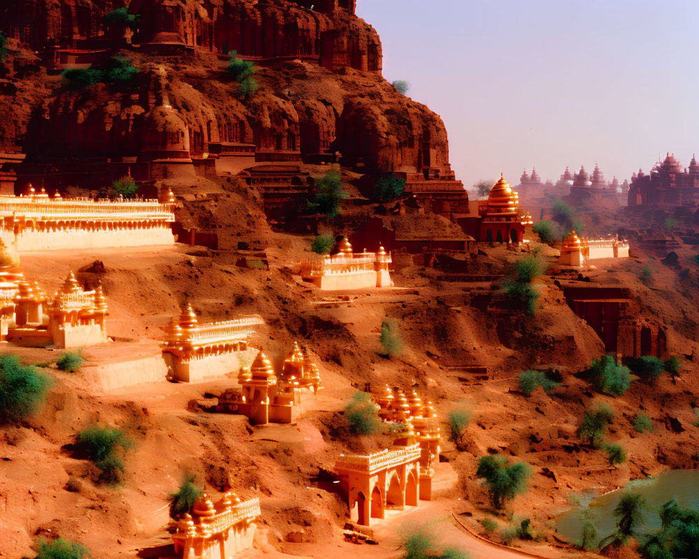 Twilight scene of illuminated temples on rocky cliff with warm glow