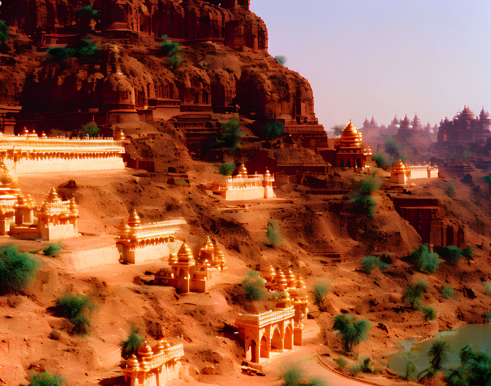 Twilight scene of illuminated temples on rocky cliff with warm glow